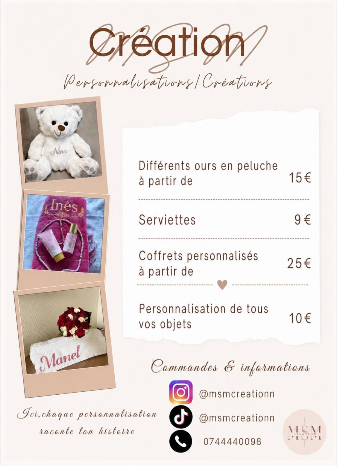 Créations personnalisées MSM Creation : peluches, serviettes et coffrets personnalisés